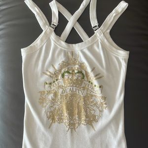 Yuka Top Quality tank. Gold with green rhinestones & silver rhinestones buckle